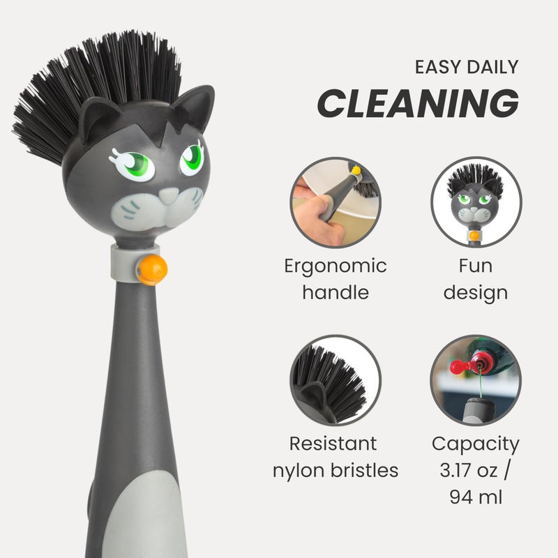 Vigar Felix Cat-Shaped Soap Dispensing Dish Brush, Dish Brush with Soap Dispenser for Pot Scrubber, Dishes, Sink, and Kitchen Essentials, Black, Gray - Image 4